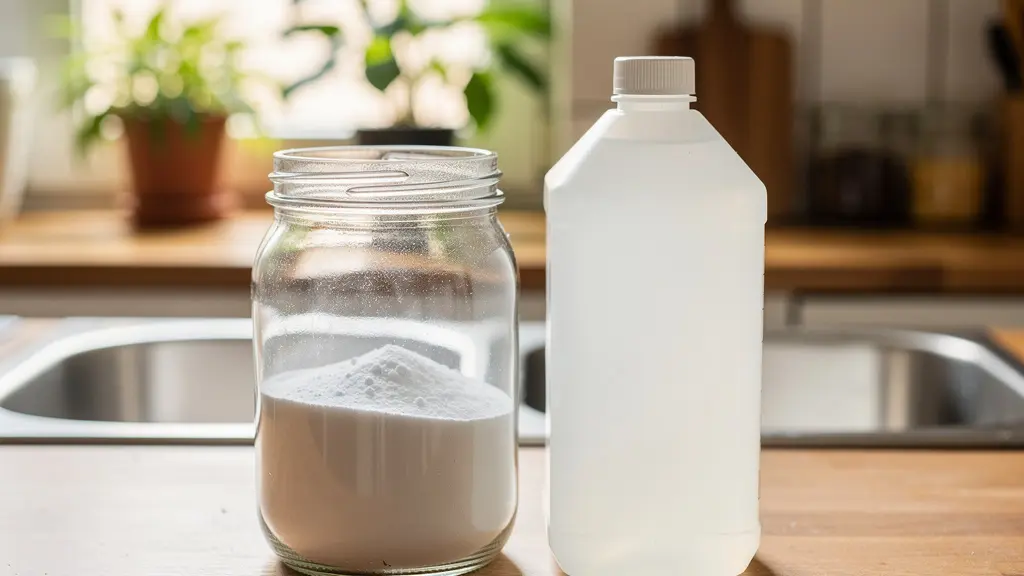 Bicarbonate de soude et vinaigre blanc sur plan de travail pour entretien préventif canalisations