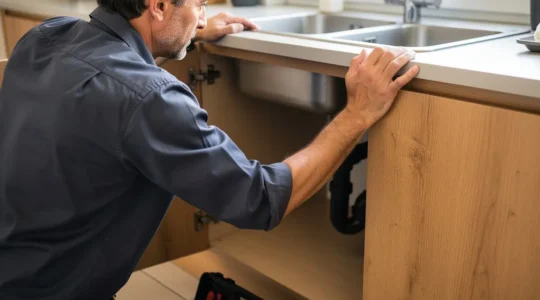 Technicien plombier inspectant préventivement un siphon sous évier de cuisine