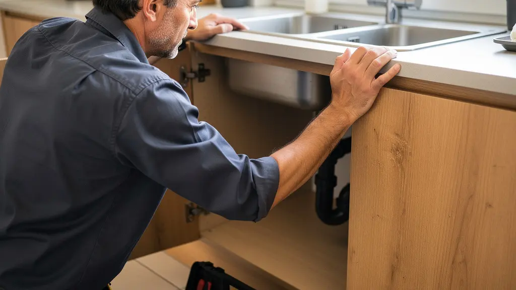 Technicien plombier inspectant préventivement un siphon sous évier de cuisine
