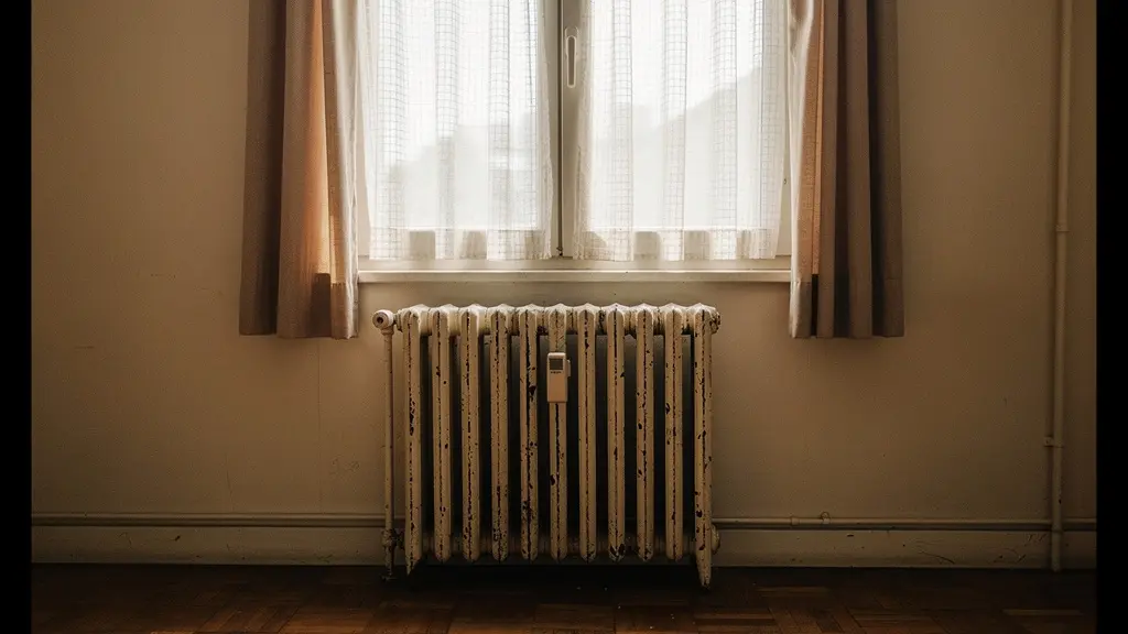 Radiateur fonte ancien dans une pièce de maison française compatible pompe à chaleur
