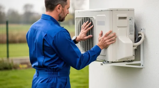Technicien chauffagiste inspectant une unité extérieure de pompe à chaleur installée contre un mur de maison