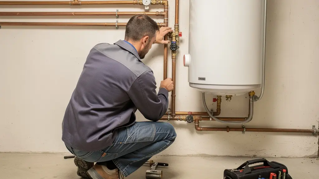 Technicien travaillant sur le raccordement hydraulique d'une pompe à chaleur