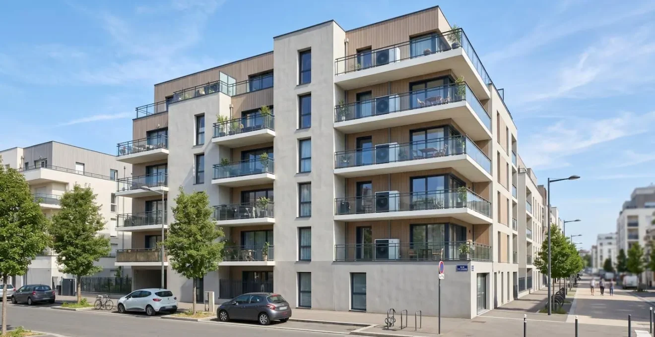 Vue large d'une façade d'immeuble résidentiel français contemporain avec plusieurs unités extérieures de pompe à chaleur discrètement installées sur les balcons