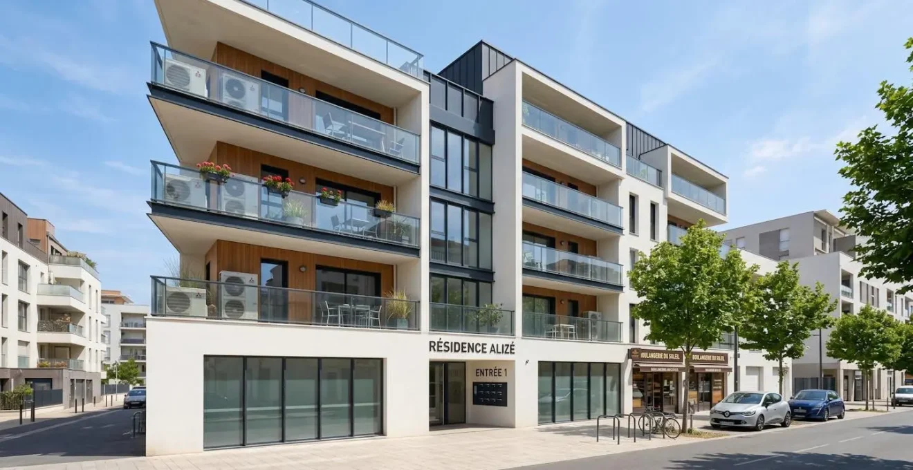 Vue large d'une façade d'immeuble résidentiel français contemporain avec plusieurs unités extérieures de pompe à chaleur discrètement installées sur les balcons