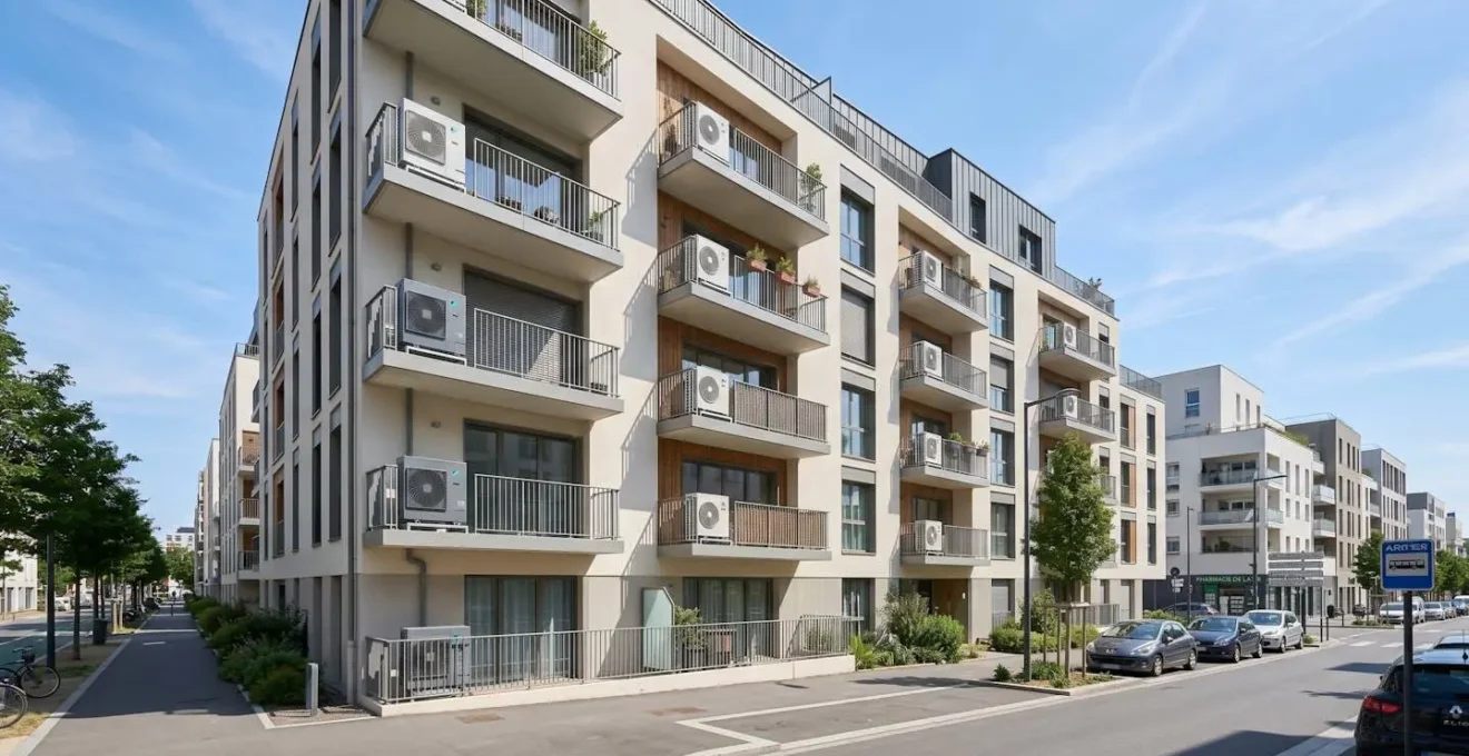 Vue large d'une façade d'immeuble résidentiel français contemporain avec plusieurs unités extérieures de pompe à chaleur discrètement installées sur les balcons