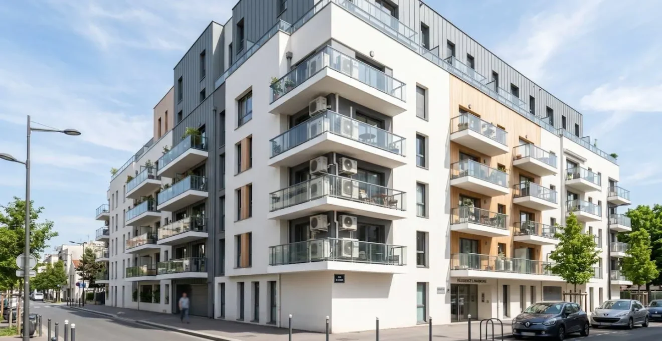 Vue large d'une façade d'immeuble résidentiel français contemporain avec plusieurs unités extérieures de pompe à chaleur discrètement installées sur les balcons