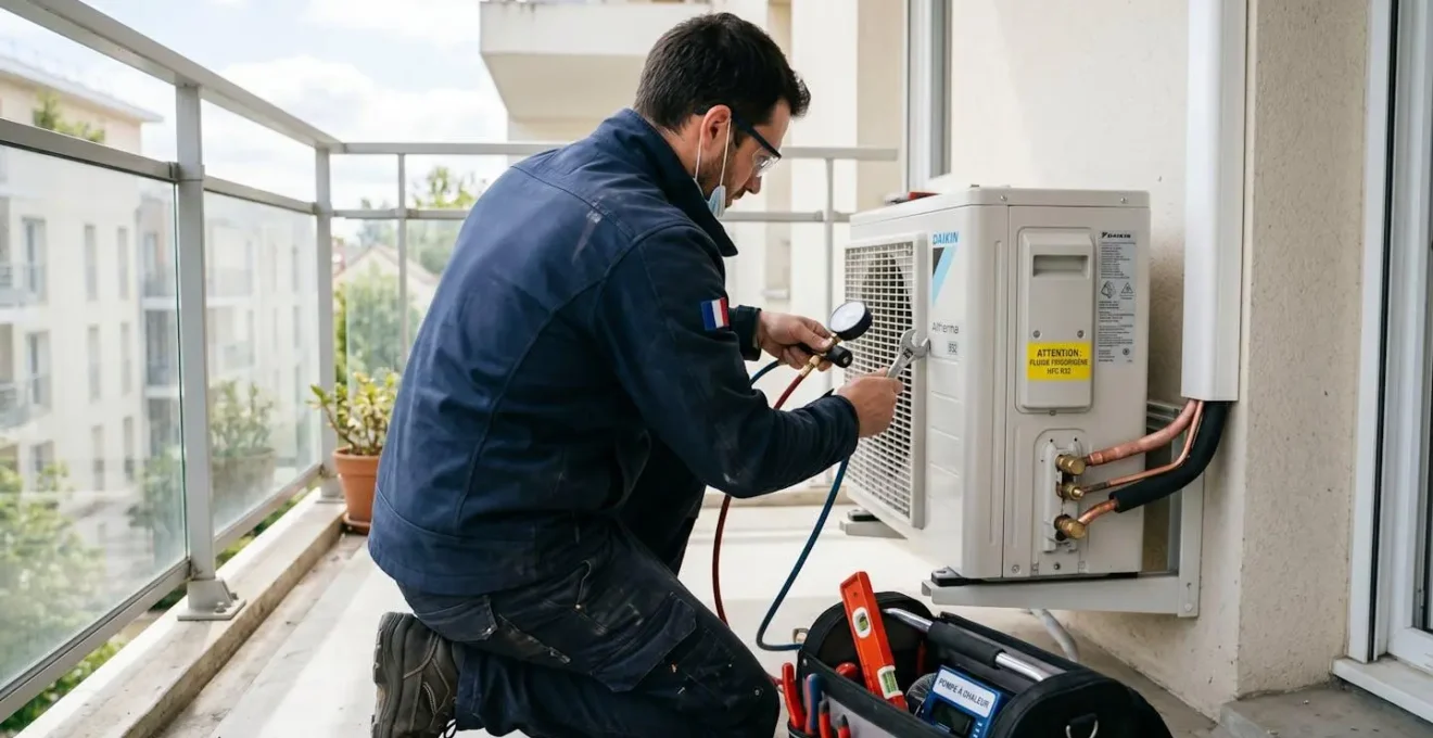 Technicien installateur de dos travaillant sur une unité extérieure de pompe à chaleur fixée sur un balcon d'appartement moderne