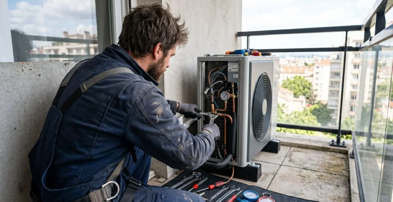 Technicien installateur de dos travaillant sur une unité extérieure de pompe à chaleur fixée sur un balcon d'appartement moderne
