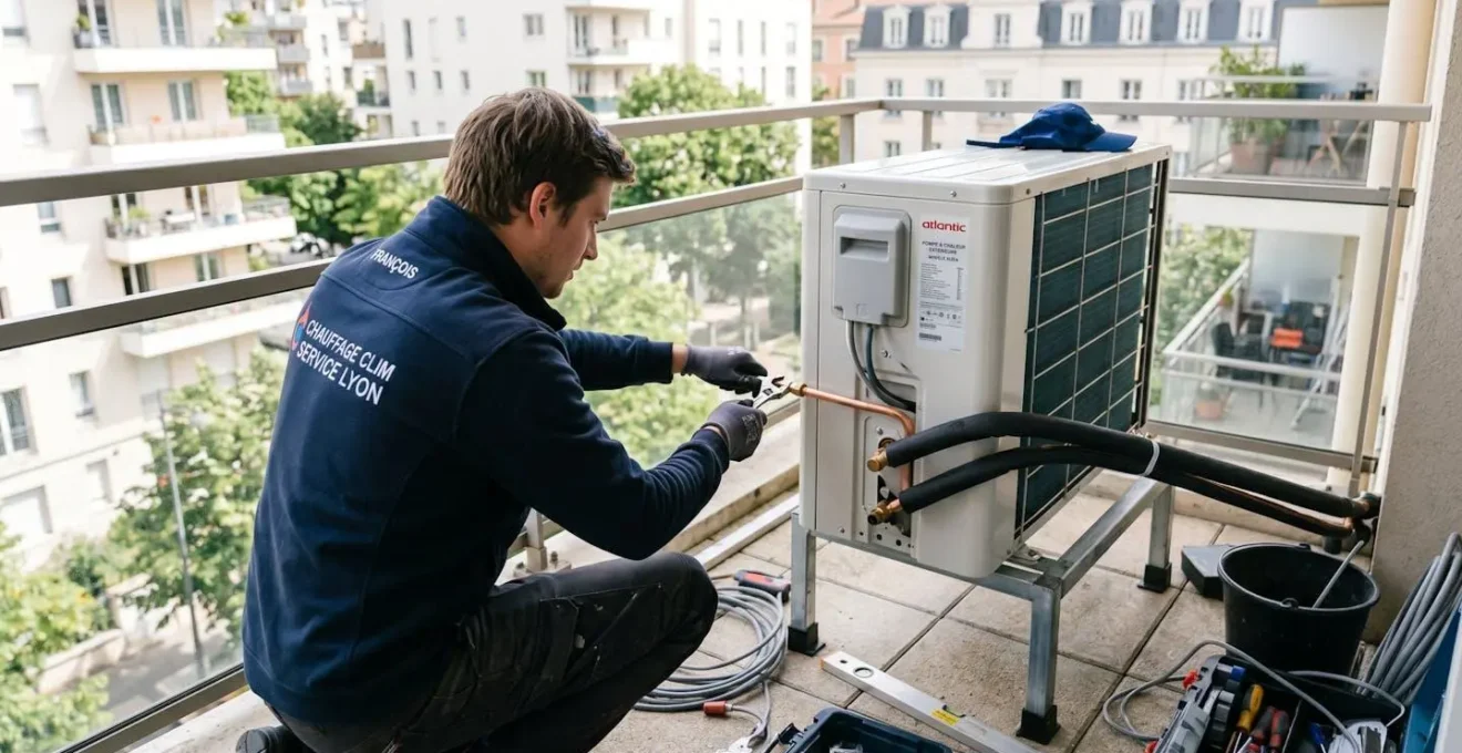 Technicien installateur de dos travaillant sur une unité extérieure de pompe à chaleur fixée sur un balcon d'appartement moderne