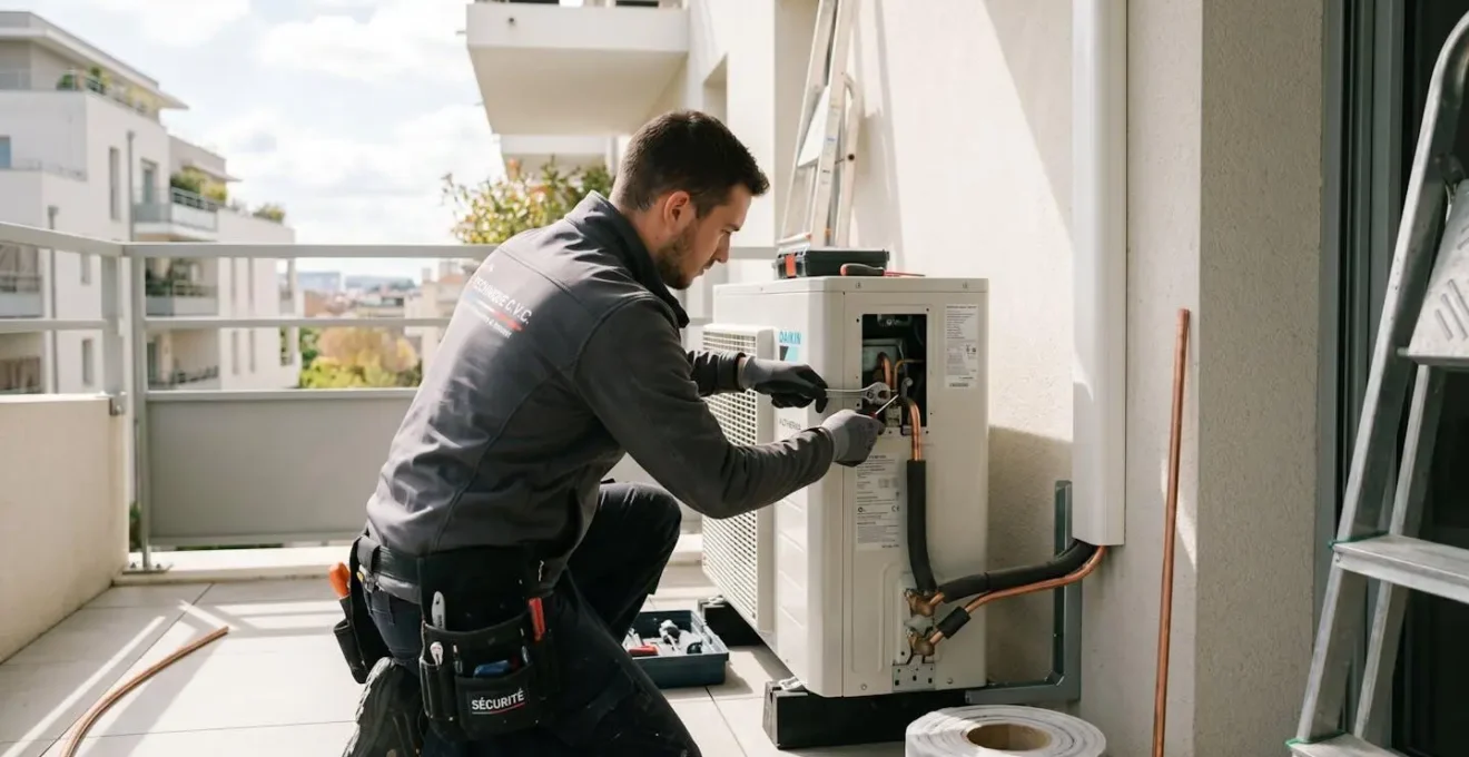Technicien installateur de dos travaillant sur une unité extérieure de pompe à chaleur fixée sur un balcon d'appartement moderne