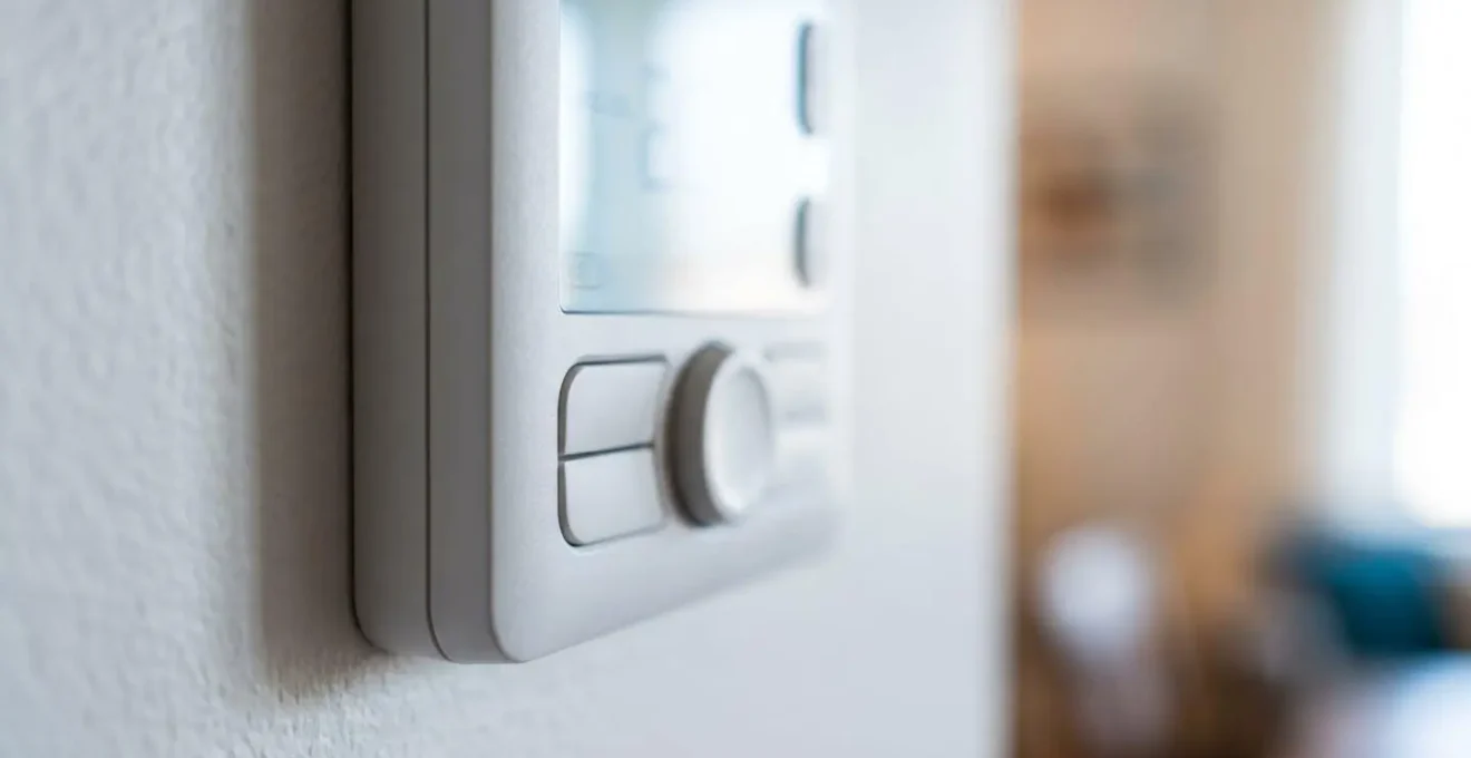 Gros plan sur un thermostat digital moderne de pompe à chaleur monté sur un mur blanc, avec affichage température flouté