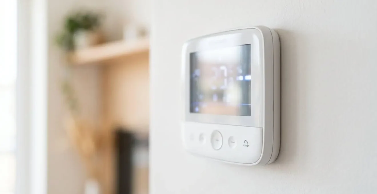 Gros plan sur un thermostat digital moderne de pompe à chaleur monté sur un mur blanc, avec affichage température flouté