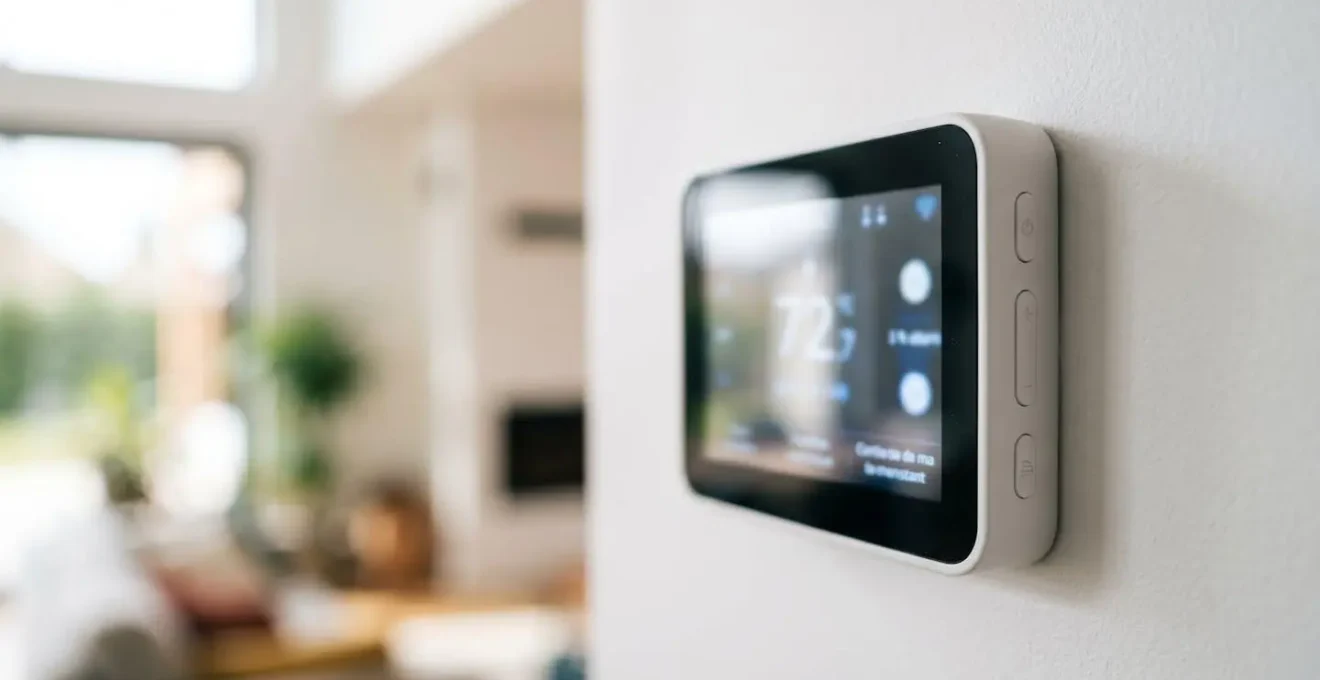 Gros plan sur un thermostat digital moderne de pompe à chaleur monté sur un mur blanc, avec affichage température flouté