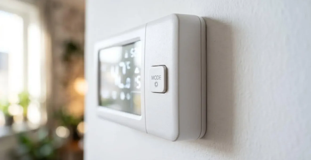 Gros plan sur un thermostat digital moderne de pompe à chaleur monté sur un mur blanc, avec affichage température flouté