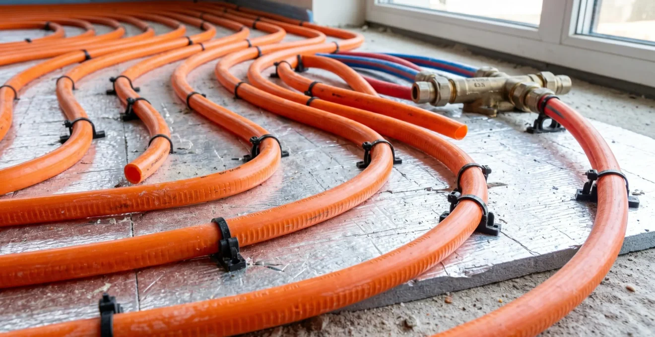 Gros plan sur tubes PER orange en serpentin posés sur panneau isolant pour plancher chauffant hydraulique