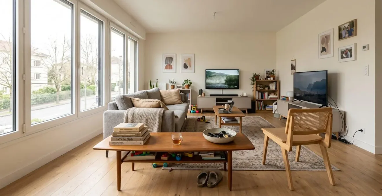 Intérieur contemporain lumineux avec parquet clair et grandes baies vitrées laissant entrer la lumière naturelle