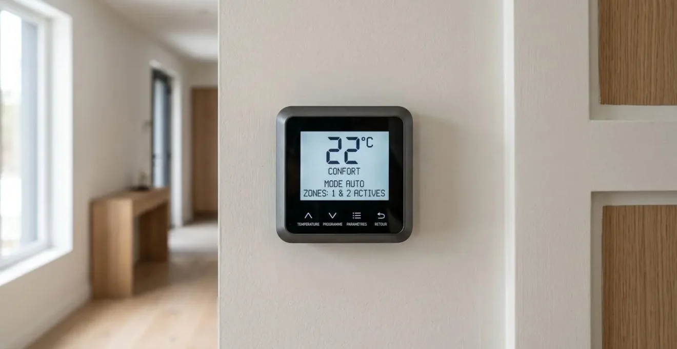 Gros plan sur thermostat programmable mural contrôlant les zones de plancher chauffant avec affichage température